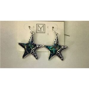 Pretty New Silver & Genuine Abalone Shell Starfish Dangle Earrings